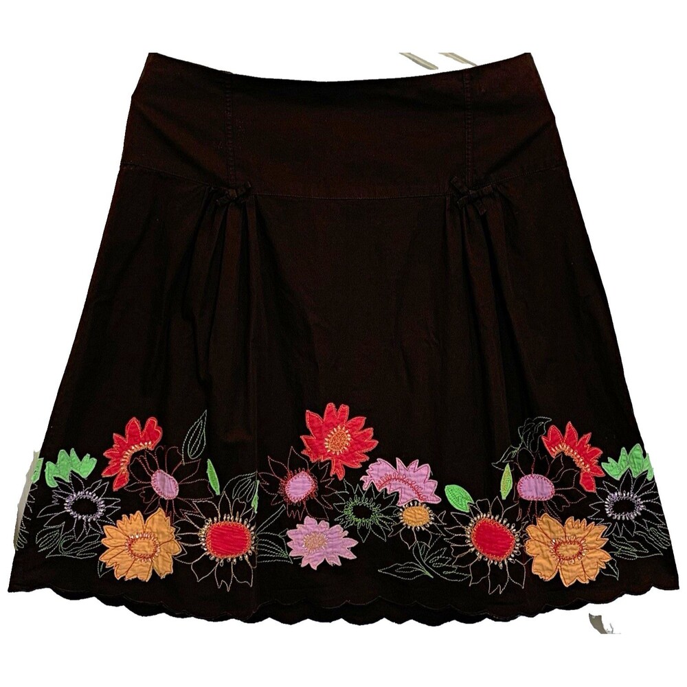 Context A-Line Skirt Womens Size 8 Brown Floral Embroidered Scallop Hem